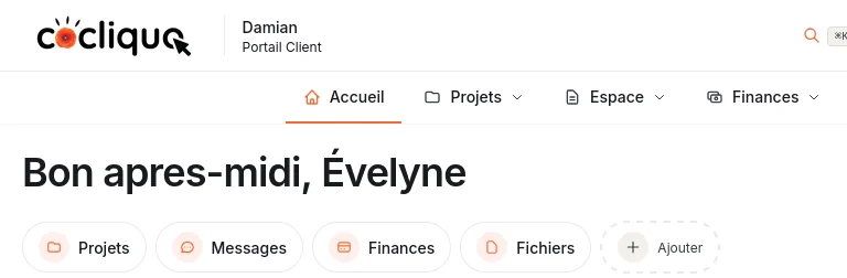 Un espace client à l'enseigne d'un cabinet, avec sa navigation et son accueil personnalisé.