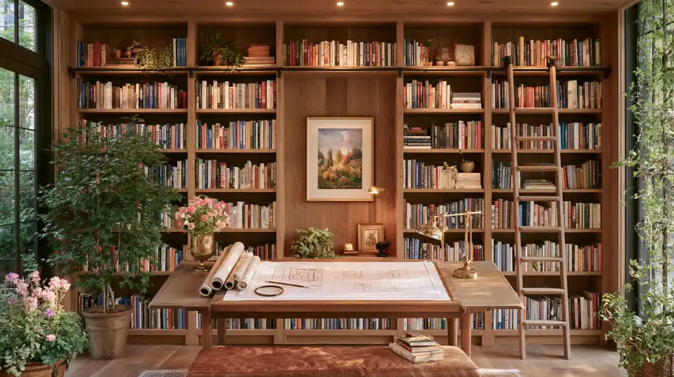 Une bibliothèque d'hôtel, une table couverte de plans.