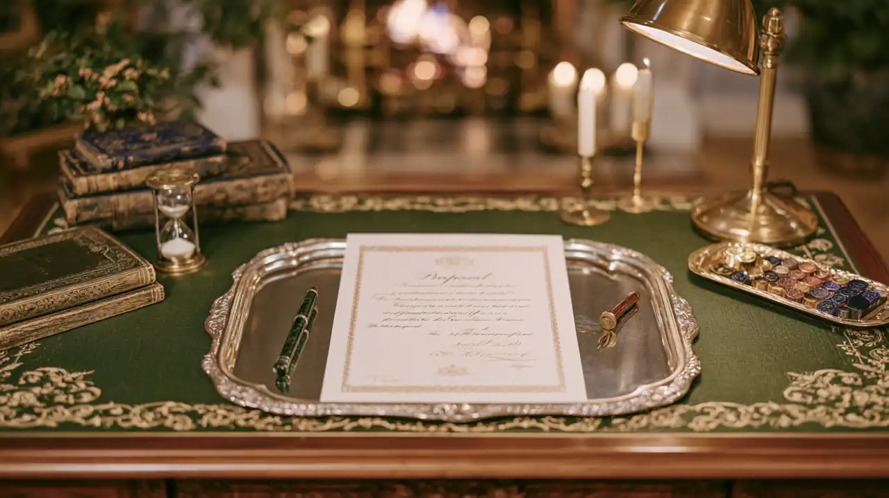 Un bureau d'hôtel ancien, un devis posé sur un plateau d'argent, un sablier presque écoulé.