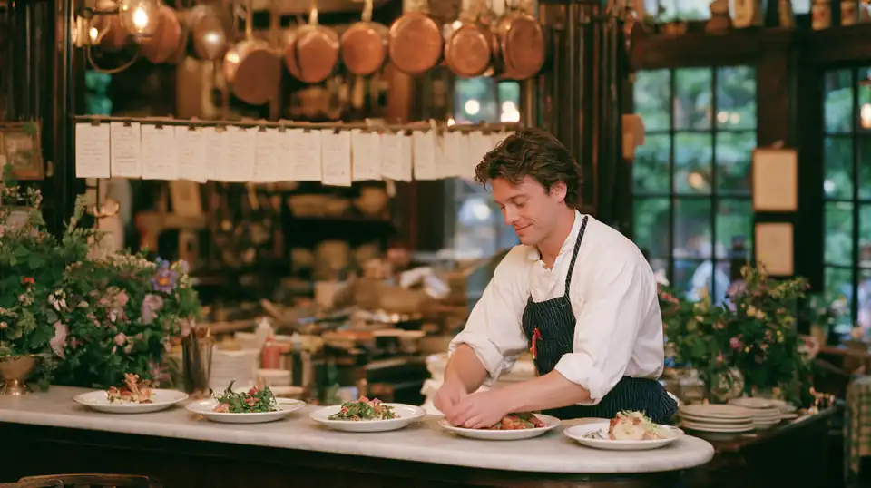 Passe d'une cuisine de grand hôtel, tickets de commande alignés.