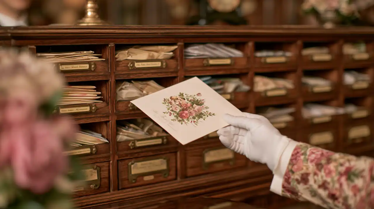 Des casiers à courrier en bois, une main gantée y glissant une enveloppe.