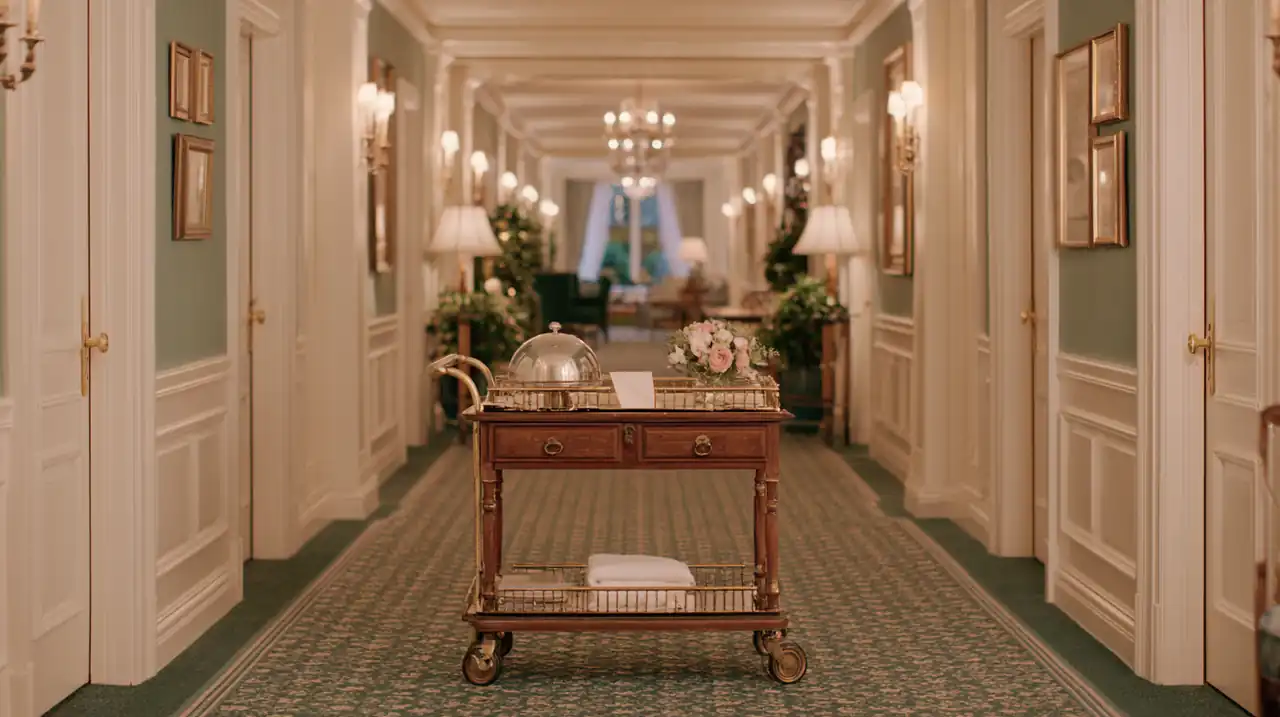 Un chariot de room service avançant seul dans un couloir d'hôtel.