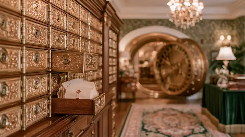Une salle des coffres d'hôtel, casiers de laiton et porte ronde entrouverte.