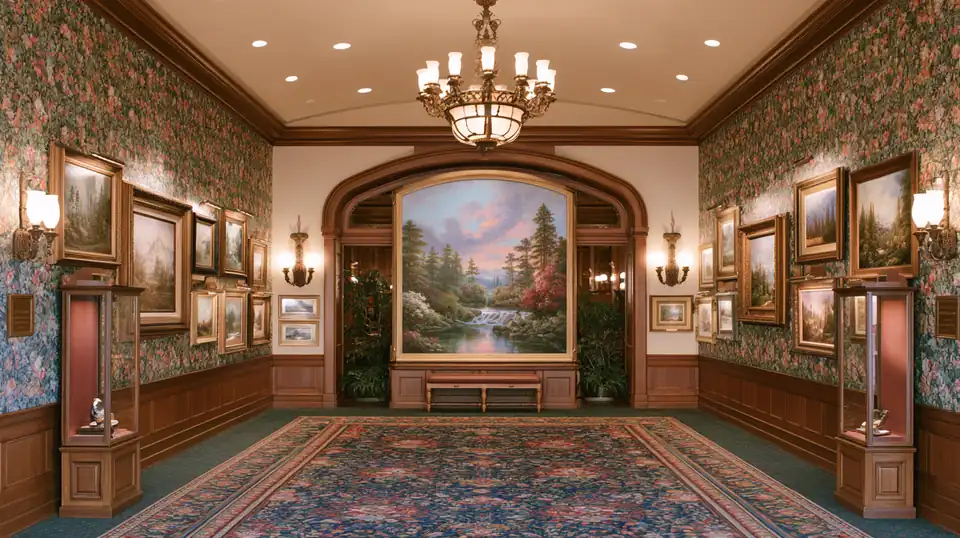 Une galerie d'hôtel, tableaux encadrés et éclairés.
