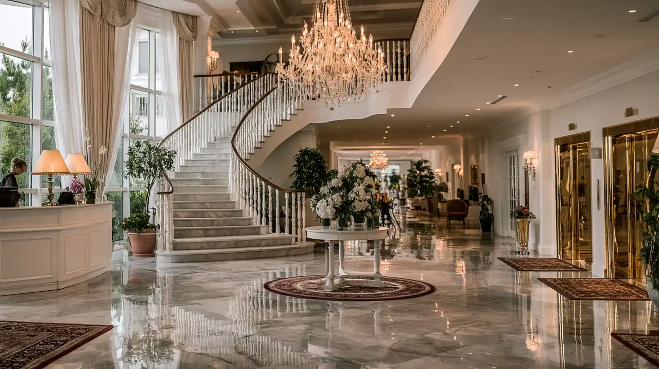 Le hall d'un grand hôtel au matin, escalier de marbre et lumière claire.