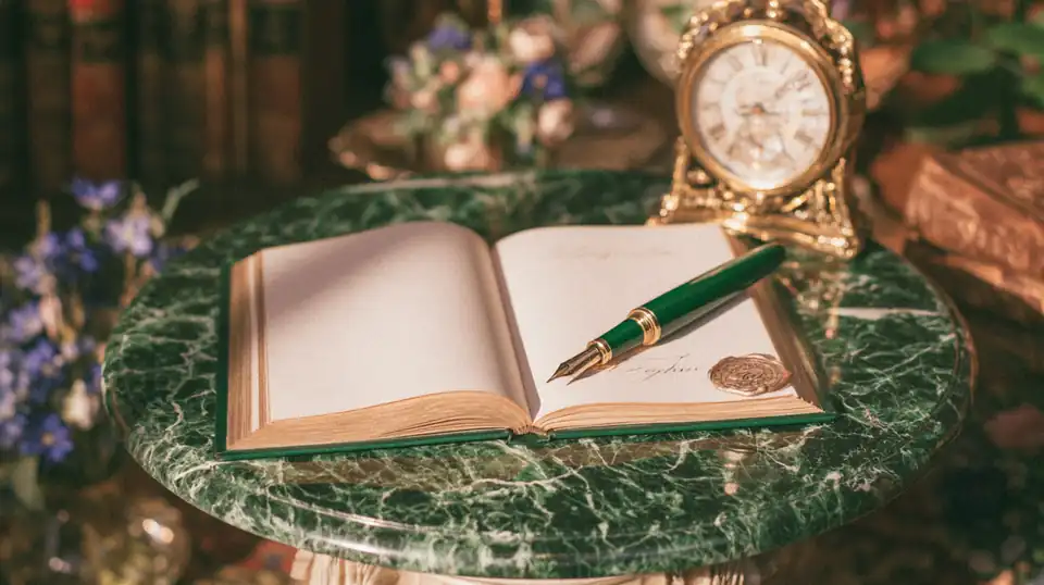 Un livre d'or ouvert sur un guéridon de marbre, une horloge dorée à côté.