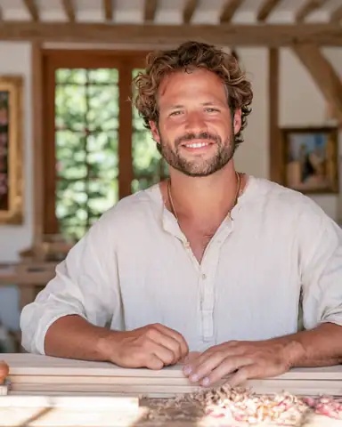 Portrait d'un menuisier dans son atelier.