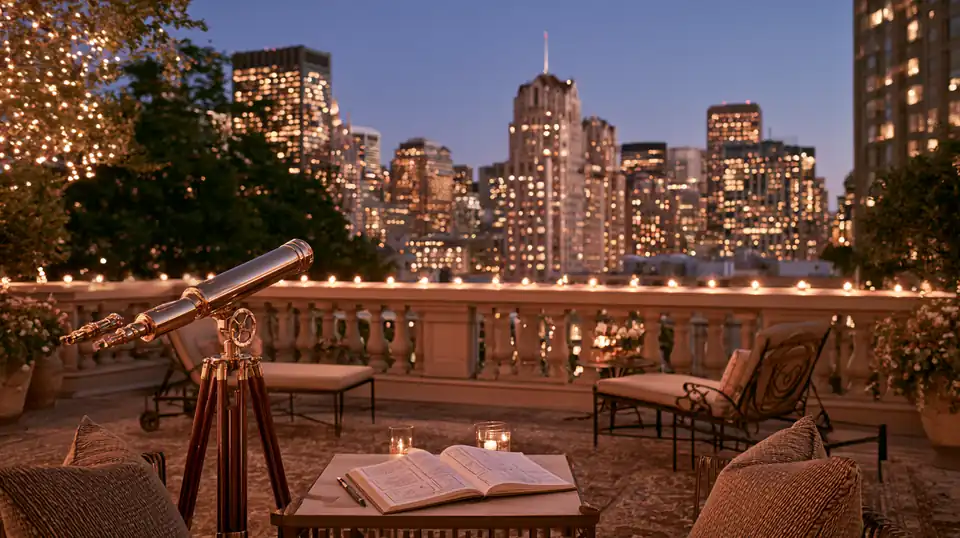 Une terrasse d'hôtel au crépuscule, un télescope et un carnet de courbes.
