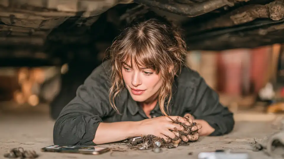 Mécanicienne sous une voiture, son téléphone s'allumant au sol à côté d'elle.