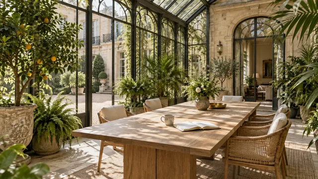 Une véranda aménagée : grande table en bois clair, chaises en rotin, plantes et lumière naturelle.