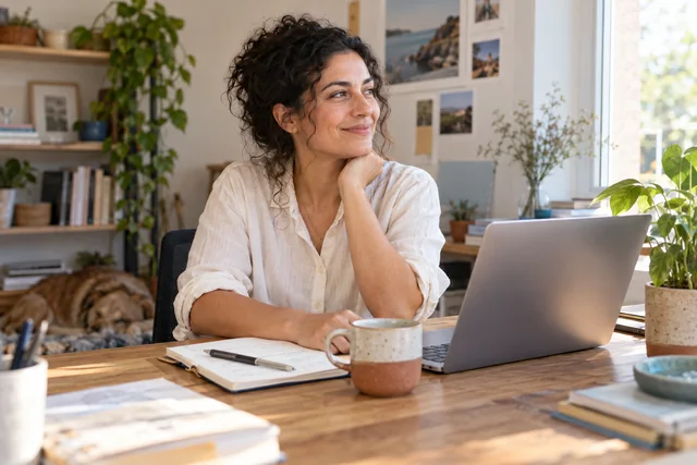 Une indépendante souriante à son bureau, près de son ordinateur et d’une fenêtre.
