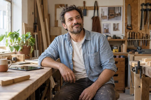 Un artisan souriant, installé à son établi dans un atelier lumineux.